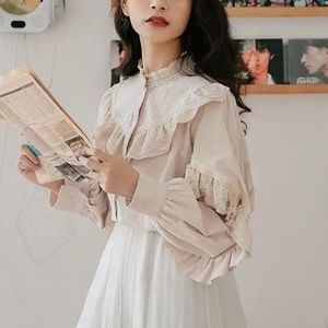Lace blouse shirt soft khaki button top collar long sleeve